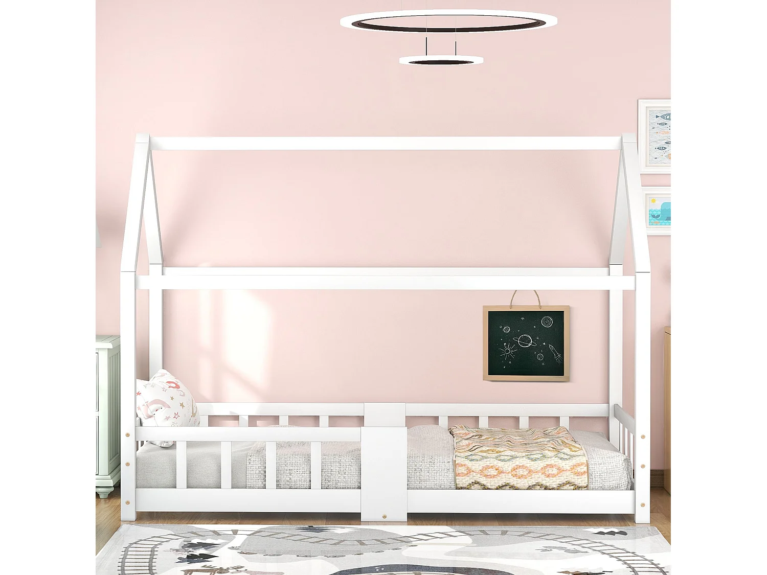 Lit cabane 90 x 200 cm - Lit enfant avec barrières de sécurité - bois blanc - matelas non inclus