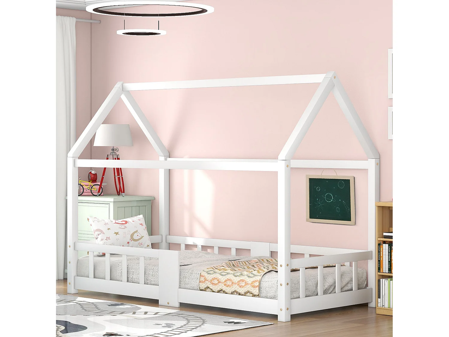 Lit cabane 90 x 200 cm - Lit enfant avec barrières de sécurité - bois blanc - matelas non inclus