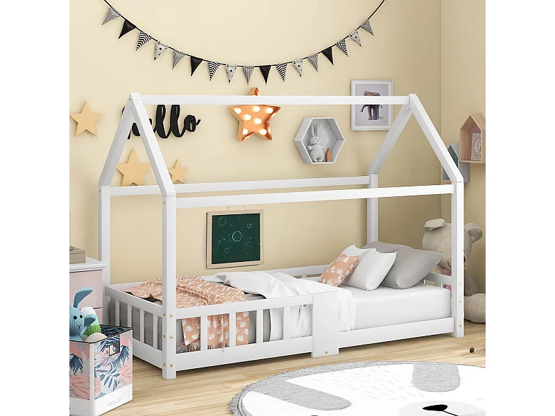 Lit cabane 90 x 200 cm - Lit enfant avec barrières de sécurité - bois blanc - matelas non inclus
