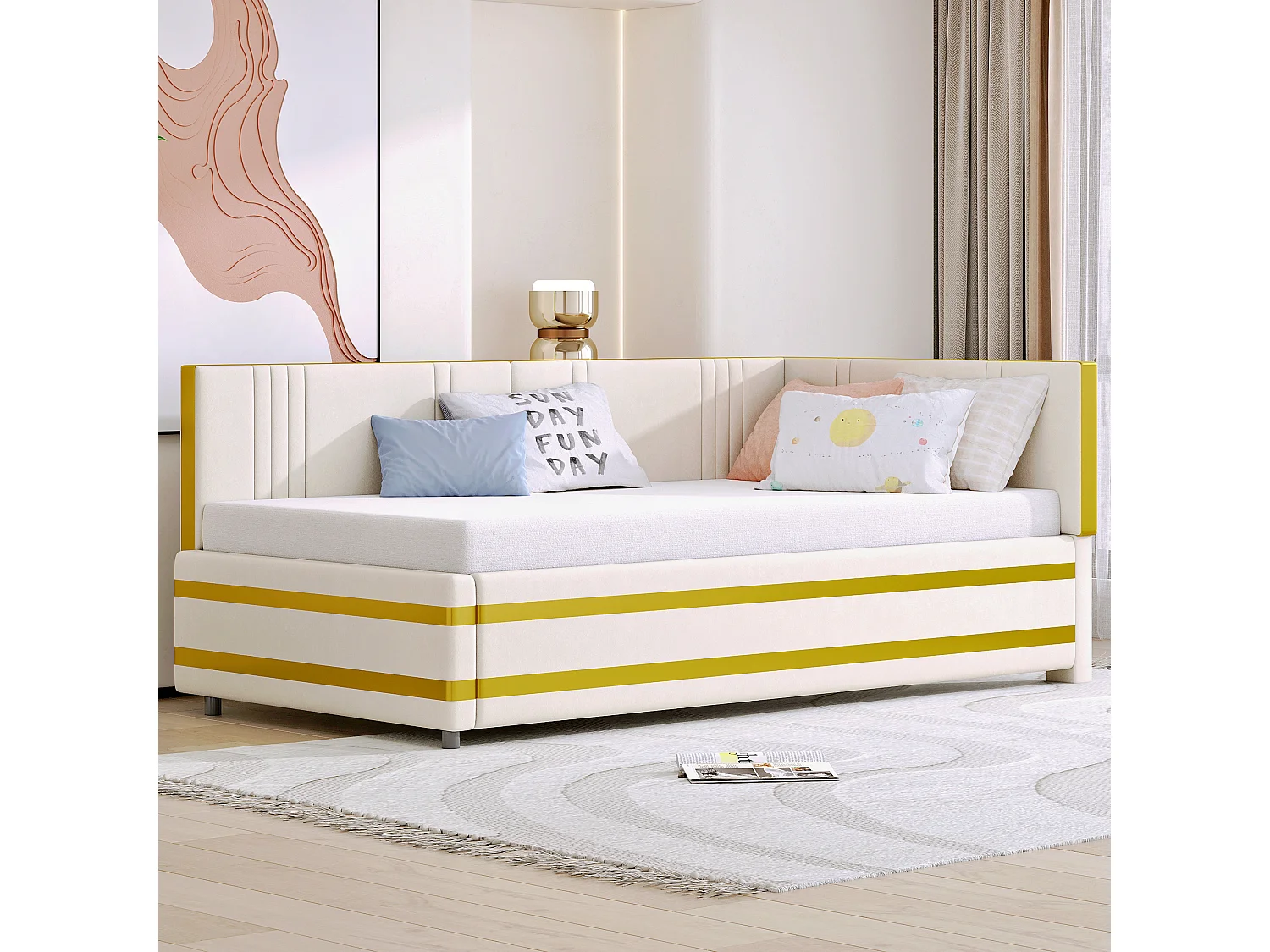 Kinderbed 90x200 cm - met lattenbodem - in fluweel - beige - zonder matras