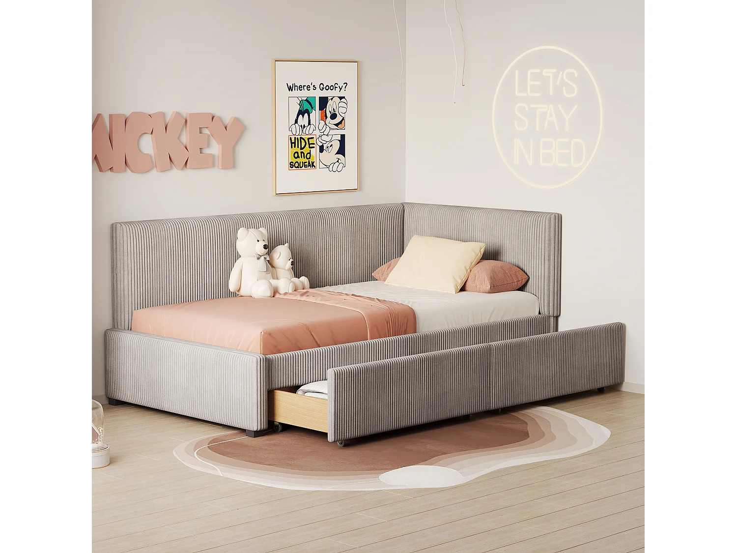 Kinderbed 90x200 cm - met hoofdbord, 2 lades, lattenbodem - grijs - exclusief matras