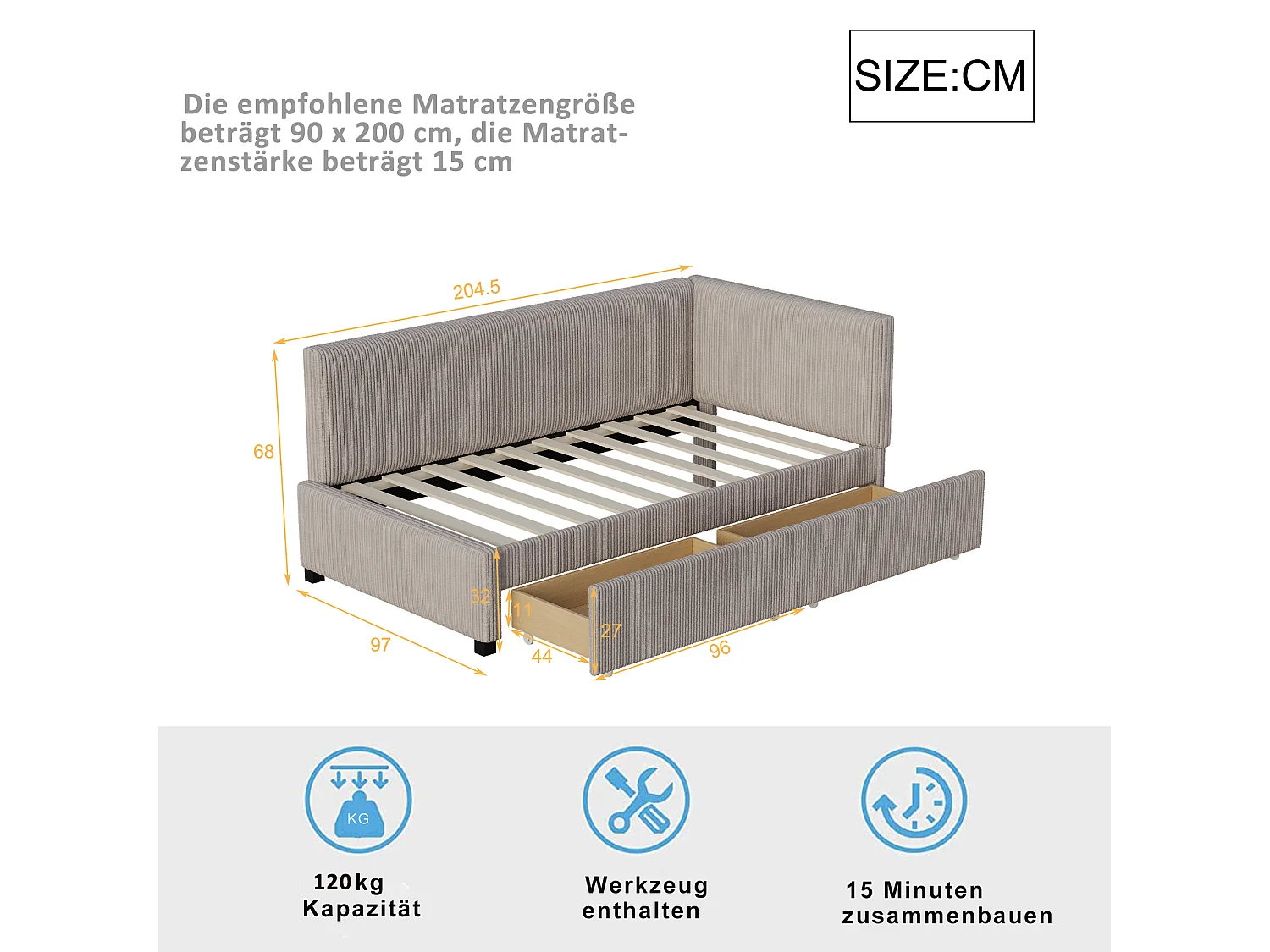 Kinderbed 90x200 cm - met hoofdbord, 2 lades, lattenbodem - grijs - exclusief matras