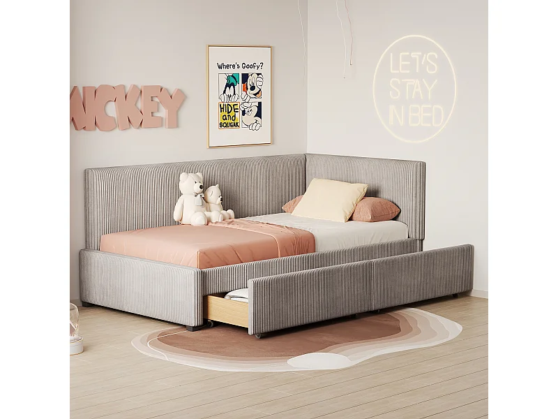 Kinderbed 90x200 cm - met hoofdbord, 2 lades, lattenbodem - grijs - exclusief matras