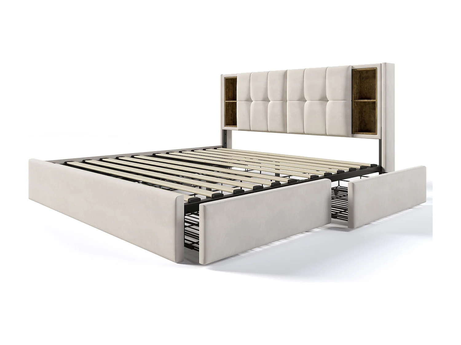 Volwassen bed 160x200 cm - met hoofdbord met opbergruimte, 4 lades, USB / Type-C - in fluweel - beige - inclusief matras