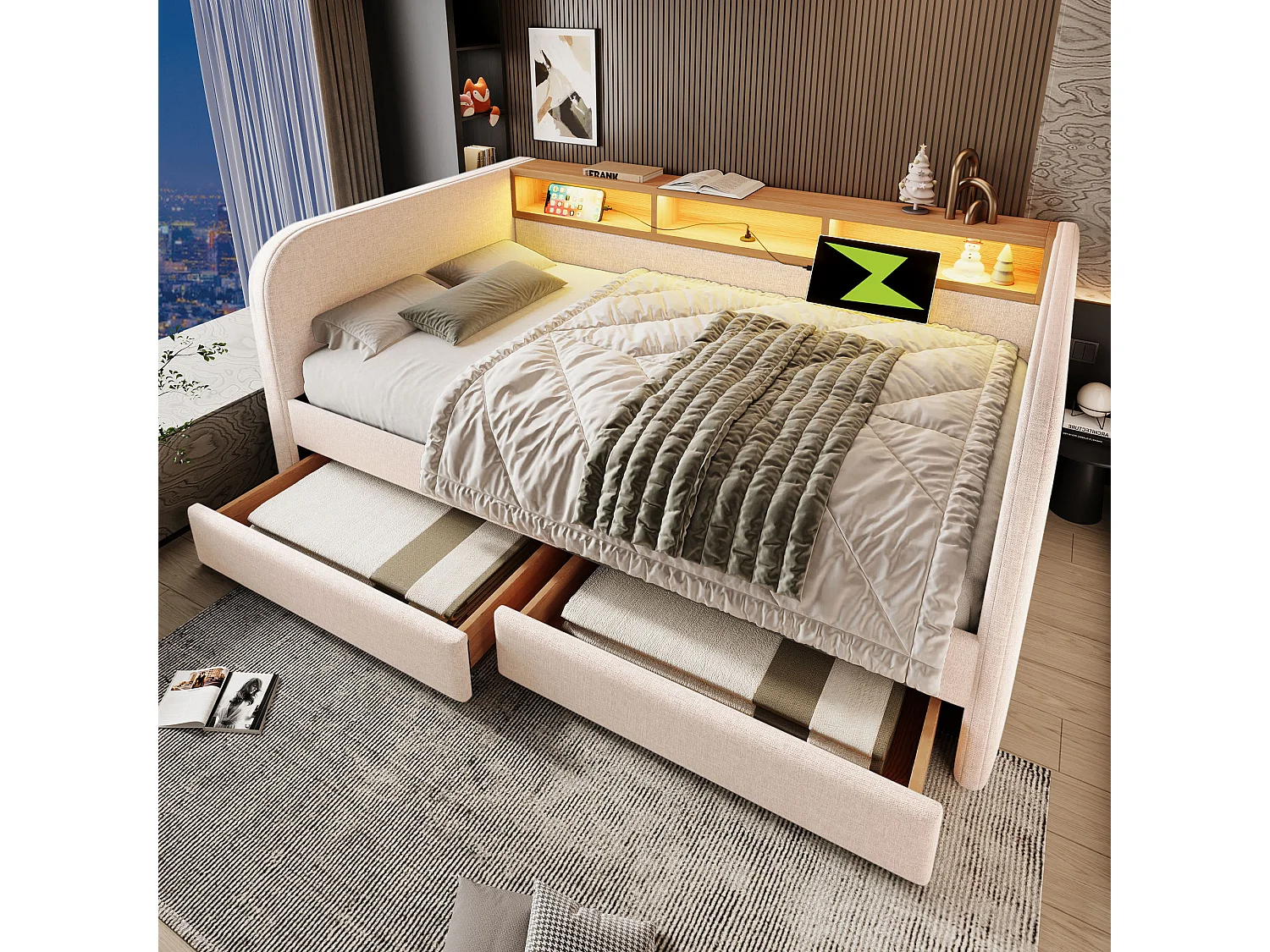 Volwassen bed 140x190 cm - met hoofdbord met opbergruimte, ledverlichting en USB/Type-C-aansluitingen, 2 lades - in linnen - beige - zonder matras