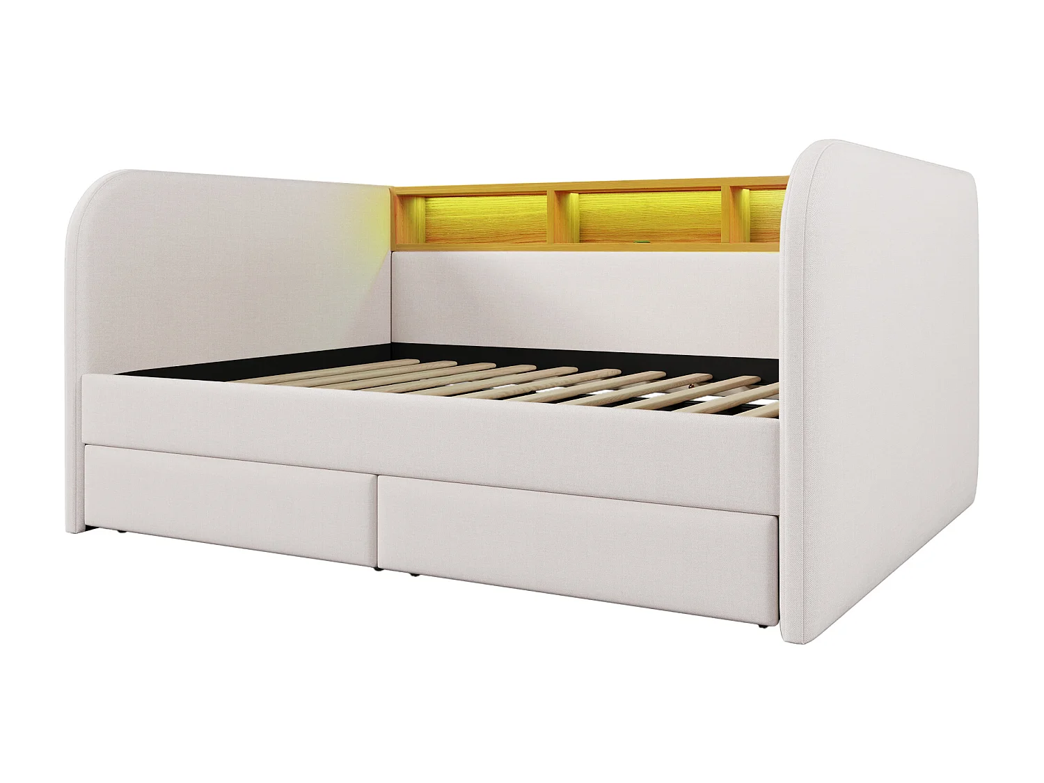 Volwassen bed 140x190 cm - met hoofdbord met opbergruimte, ledverlichting en USB/Type-C-aansluitingen, 2 lades - in linnen - beige - zonder matras