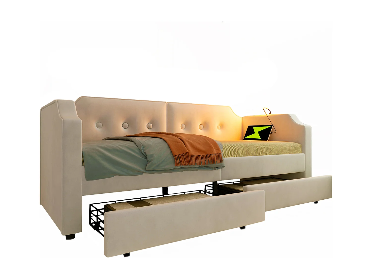 Łóżko dziecięce 90x200 cm - z 2 szufladami, USB typu C, stelaż - aksamit Beż - bez materaca