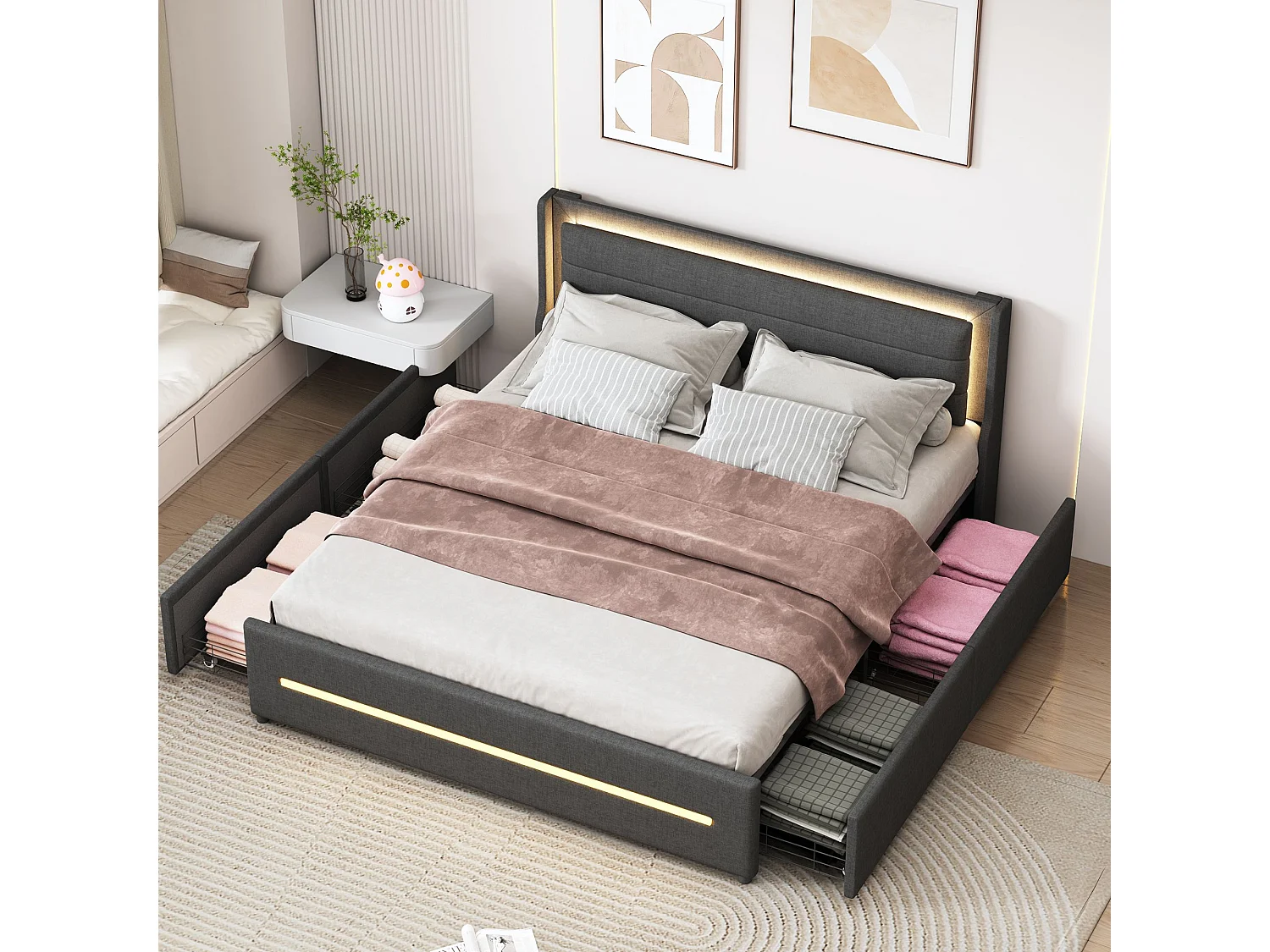 Volwassen bed 180x200 cm - met ledverlichting, 4 lades, hoofdbord, lattenbodem - in linnen - grijs - zonder matras