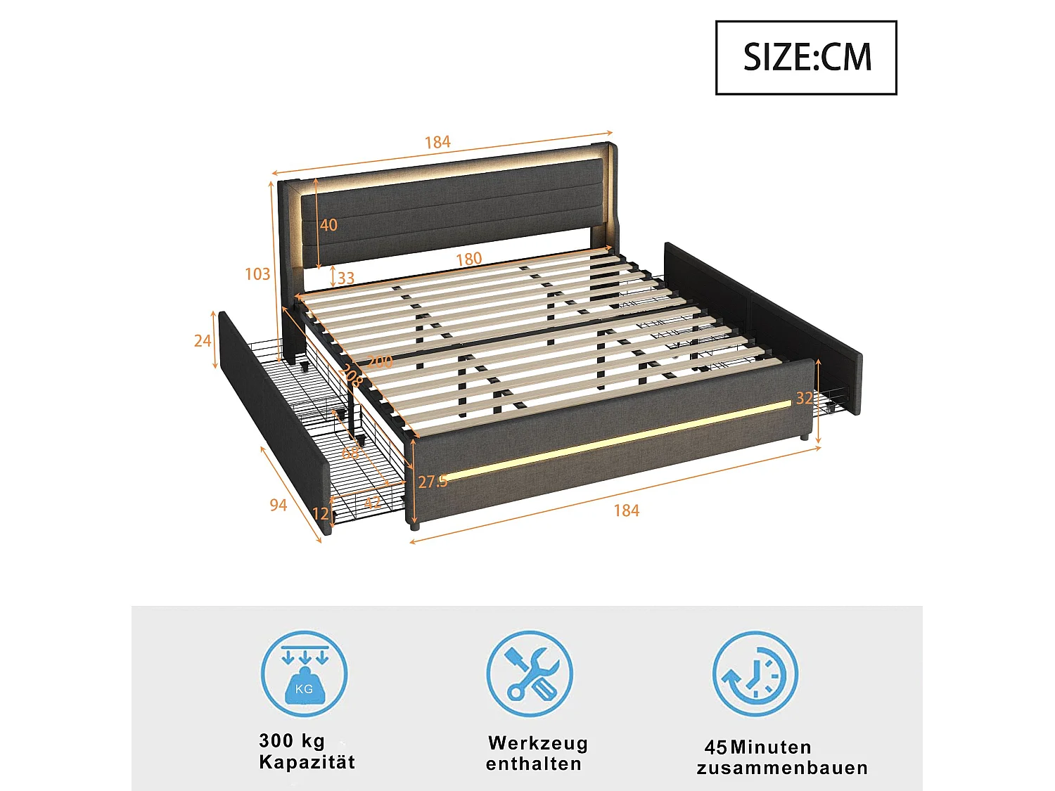 Volwassen bed 180x200 cm - met ledverlichting, 4 lades, hoofdbord, lattenbodem - in linnen - grijs - zonder matras
