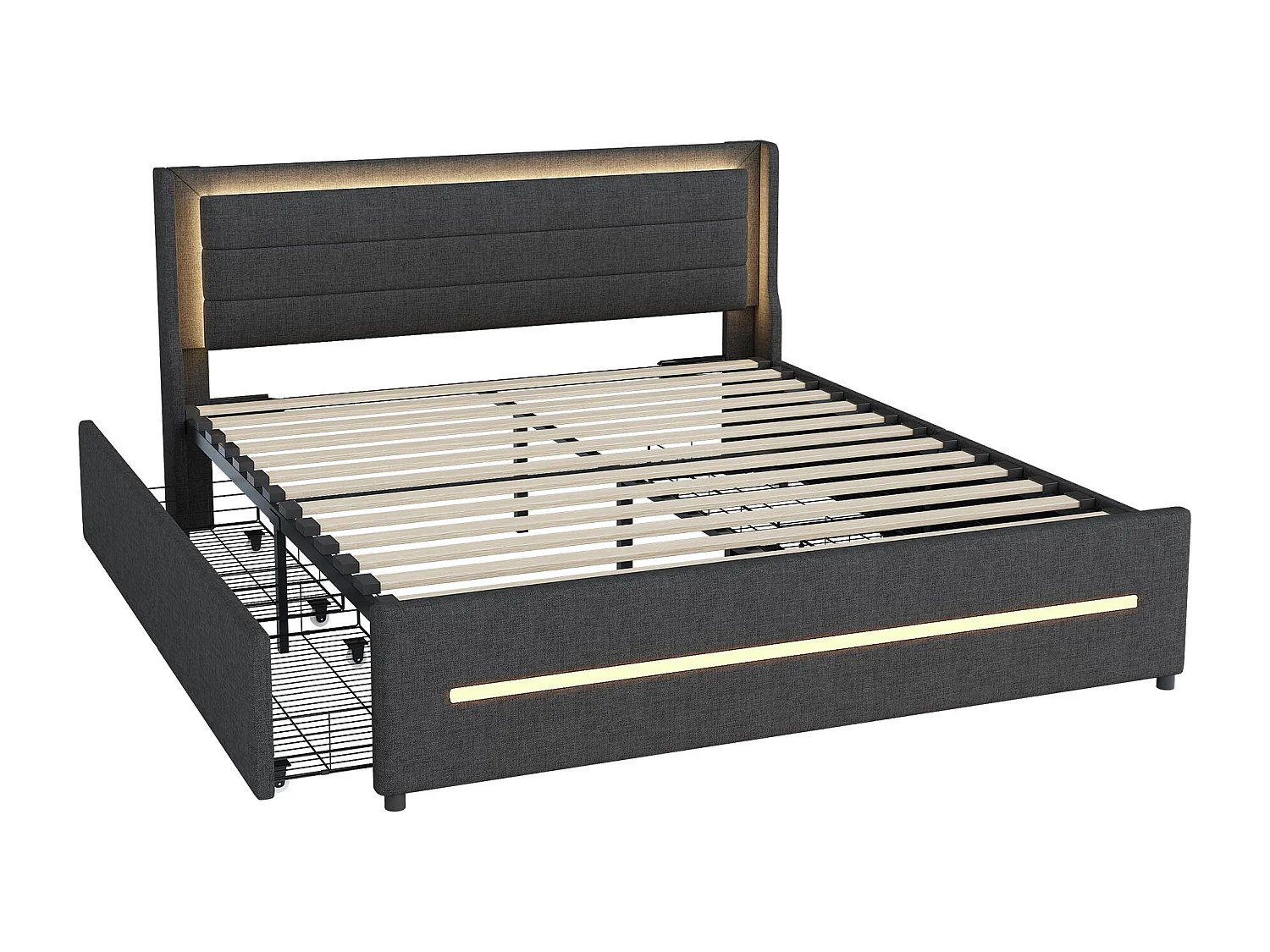 Volwassen bed 180x200 cm - met ledverlichting, 4 lades, hoofdbord, lattenbodem - in linnen - grijs - zonder matras