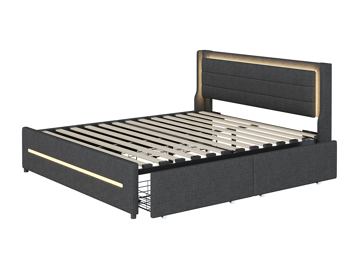 Volwassen bed 180x200 cm - met ledverlichting, 4 lades, hoofdbord, lattenbodem - in linnen - grijs - zonder matras