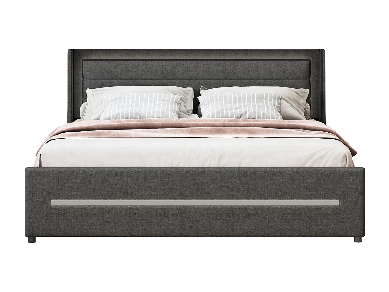 Volwassen bed 160x200 cm - met multicolor ledverlichting, 4 lades, lattenbodem - in linnen - grijs - zonder matras