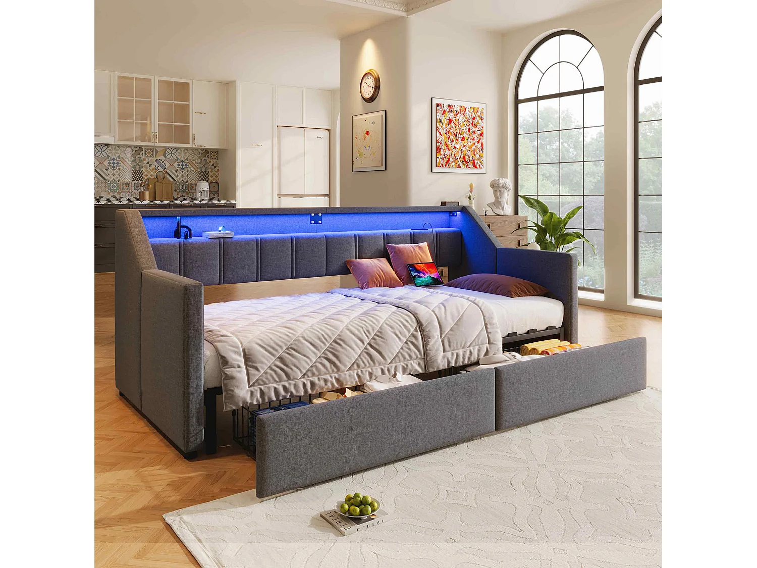 Lit banquette 90 x 200 cm - Lit gigogne avec 2 tiroirs et poches de rangement - lin gris - matelas non inclus