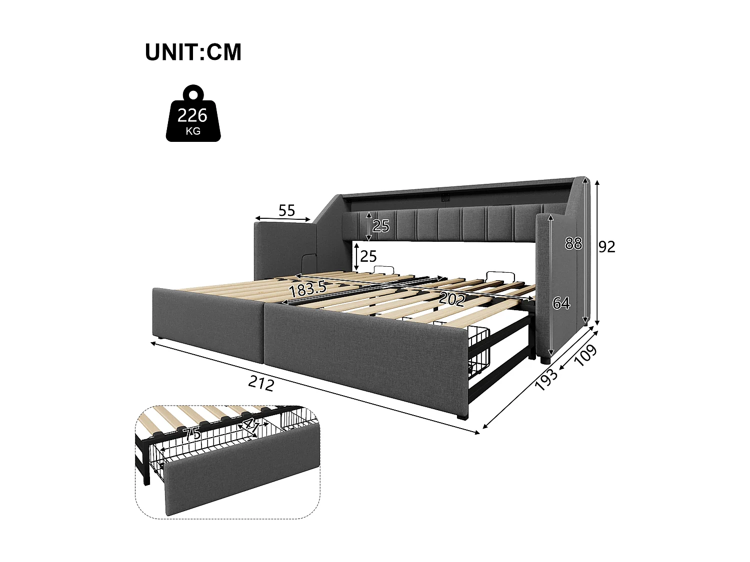 Lit banquette 90 x 200 cm - Lit gigogne avec 2 tiroirs et poches de rangement - lin gris - matelas non inclus