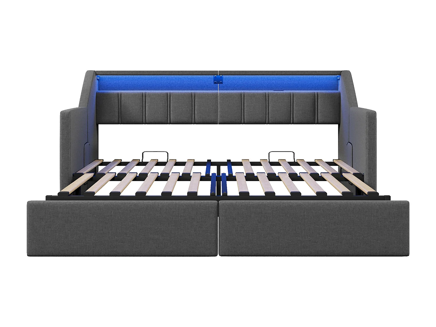 Lit banquette 90 x 200 cm - Lit gigogne avec 2 tiroirs et poches de rangement - lin gris - matelas non inclus