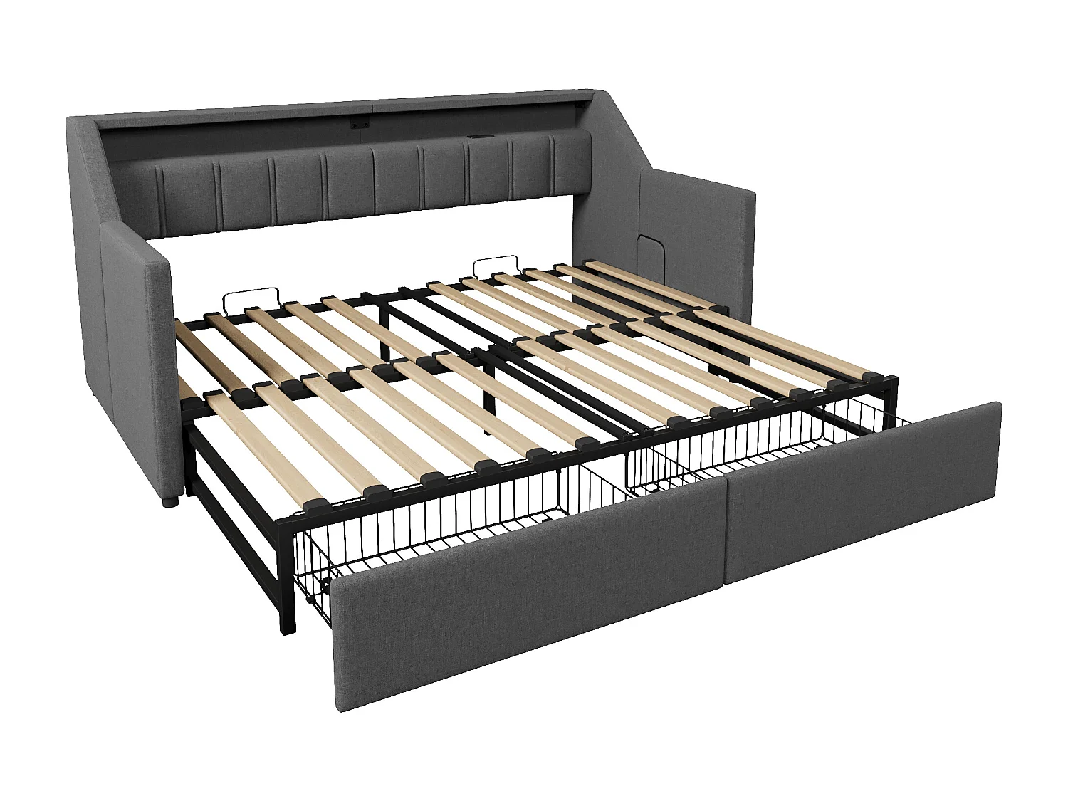 Lit banquette 90 x 200 cm - Lit gigogne avec 2 tiroirs et poches de rangement - lin gris - matelas non inclus