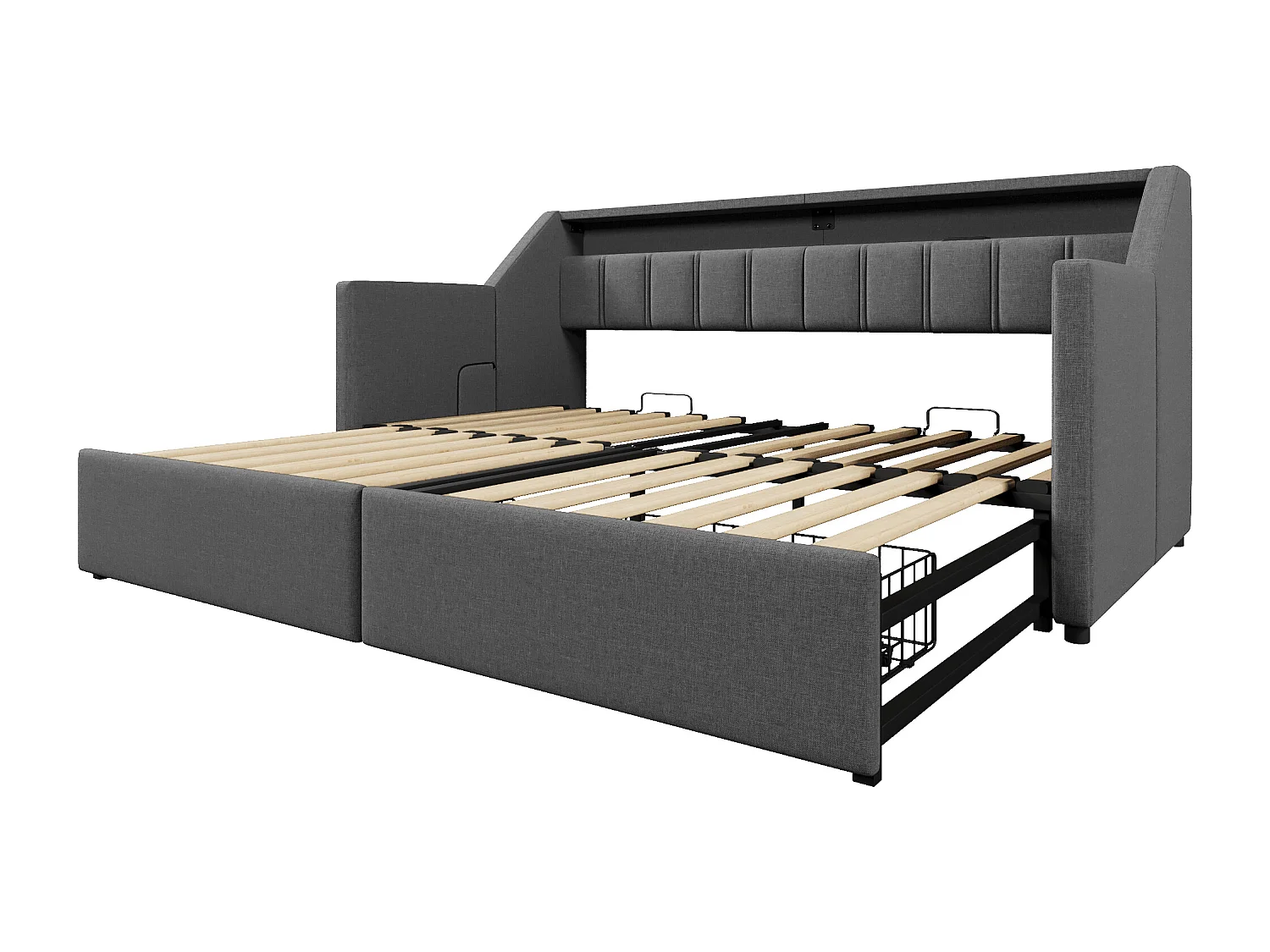 Lit banquette 90 x 200 cm - Lit gigogne avec 2 tiroirs et poches de rangement - lin gris - matelas non inclus