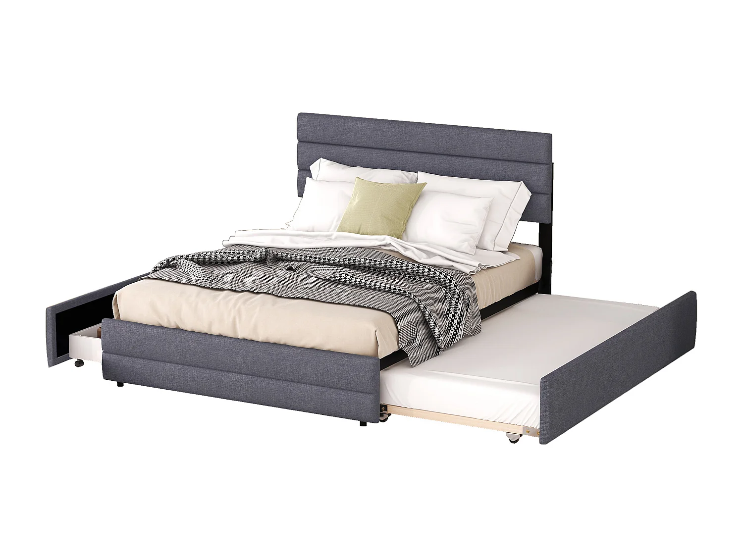 Lit gigogne 140x200 cm - Lit double avec 2 tiroirs et tête de lit ajustable - lin gris - sans matelas