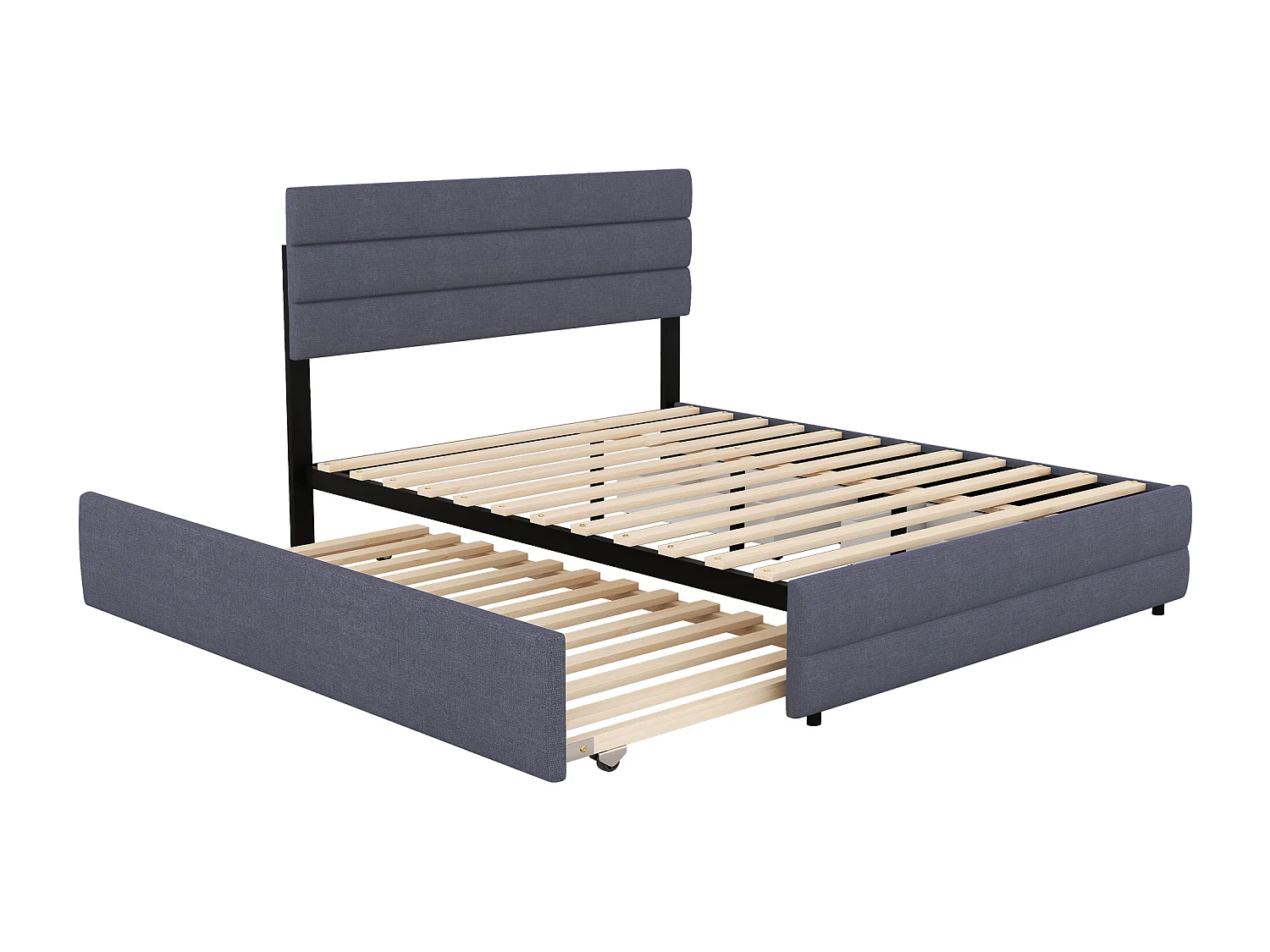 Lit gigogne 140x200 cm - Lit double avec 2 tiroirs et tête de lit ajustable - lin gris - sans matelas