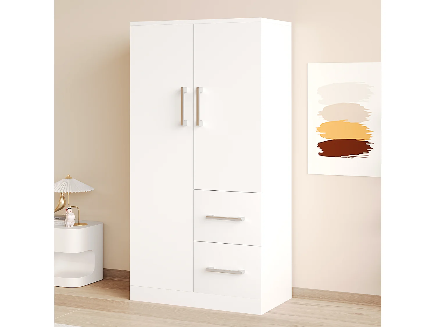 Armoire blanc - Porte manteau à 2 portes et 2 tiroirs - tringle