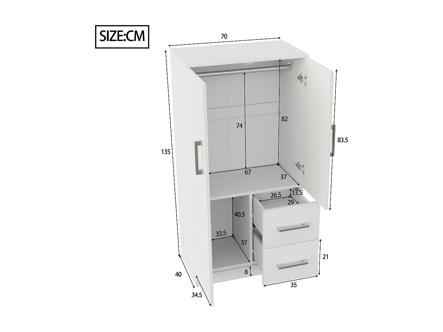 Armoire blanc - Porte manteau à 2 portes et 2 tiroirs - tringle