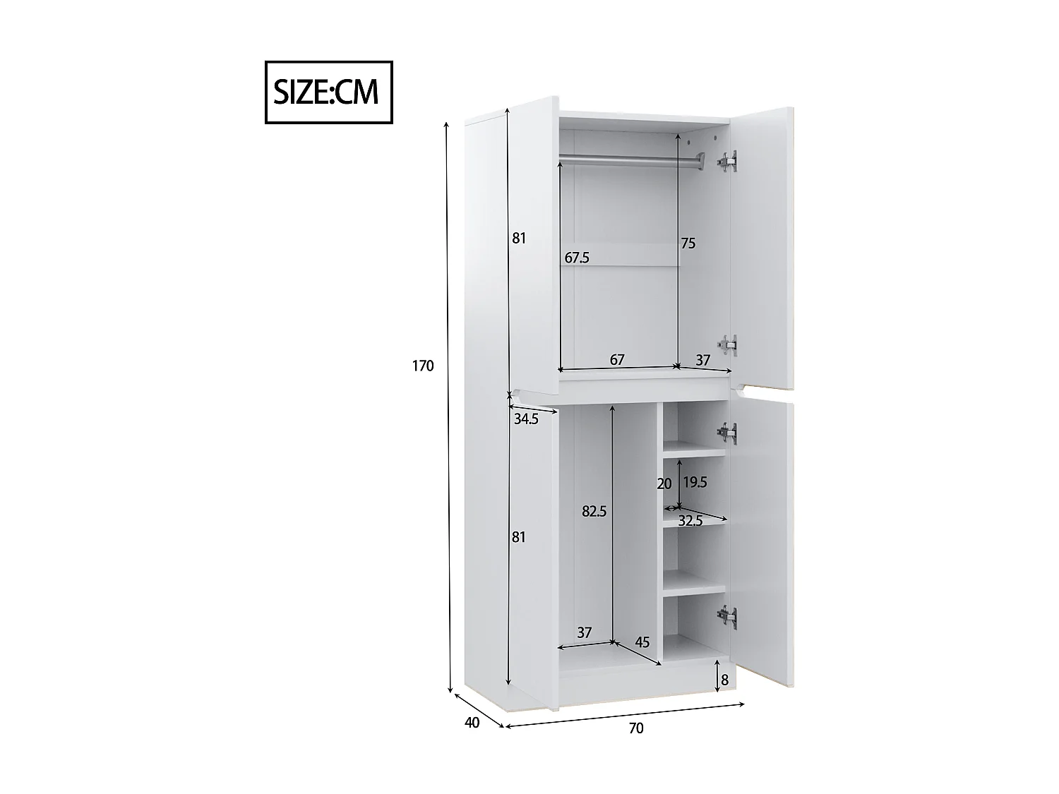 Armoire blanc - Porte manteau à 4 portes avec penderie - nombreux compartiments de rangement