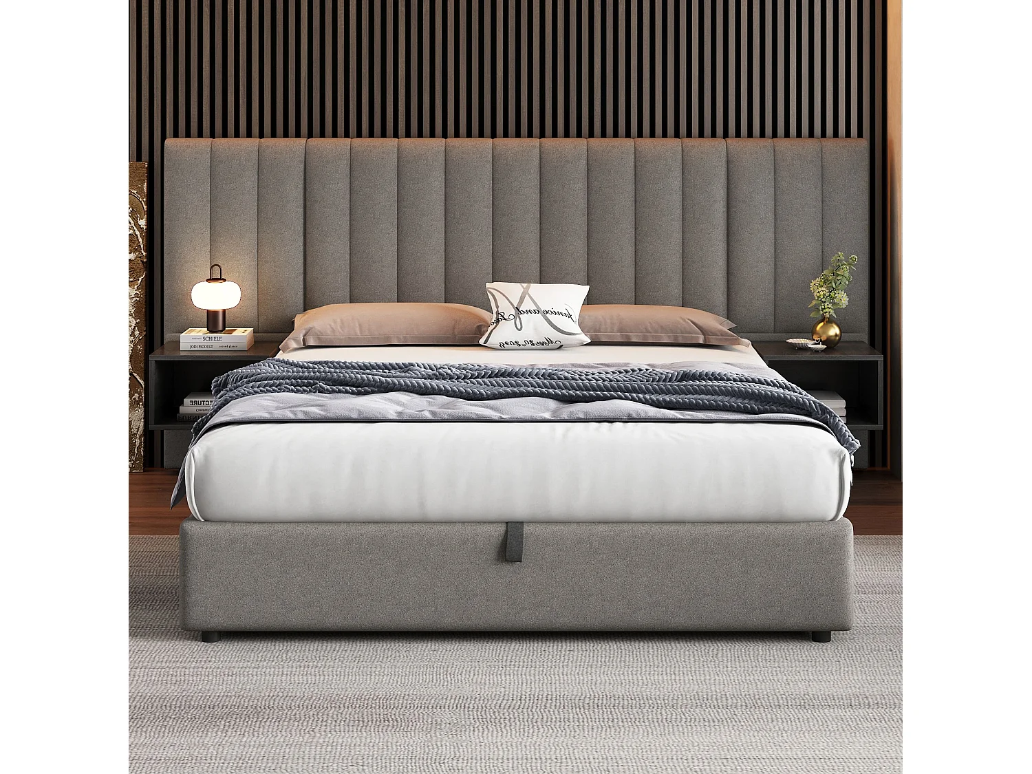 Bed met opbergruimte 160x200 cm - met lattenbodem - linnen - grijs en zwart - zonder matras