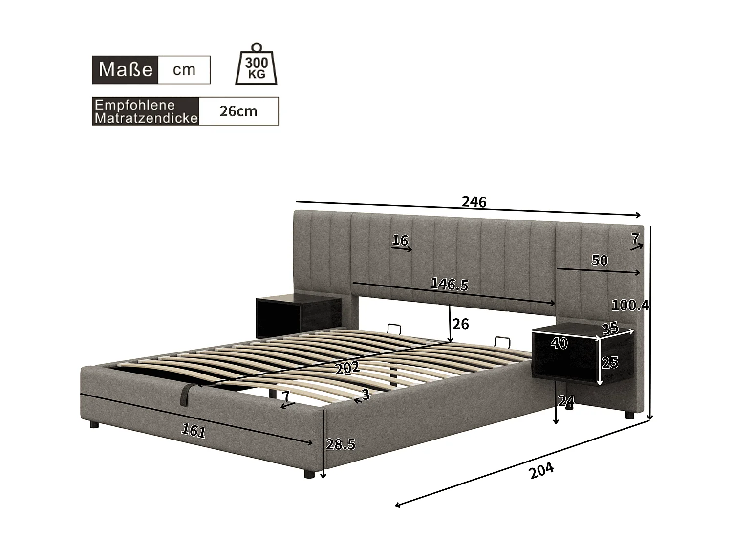 Bed met opbergruimte 160x200 cm - met lattenbodem - linnen - grijs en zwart - zonder matras