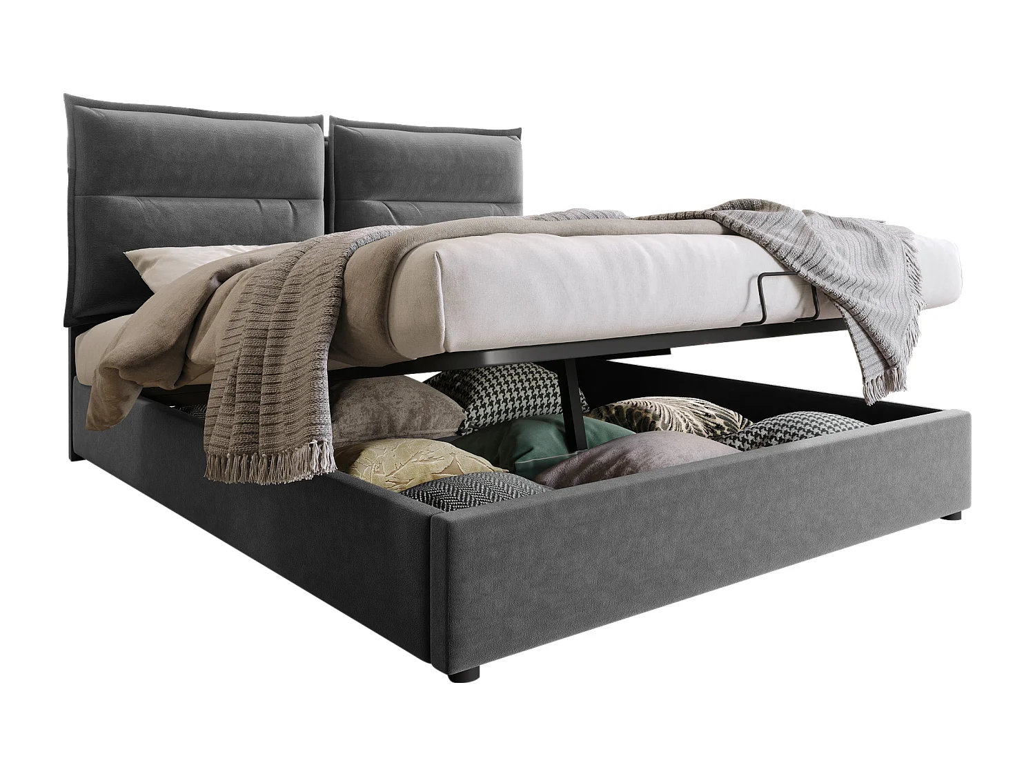 Cama con almacenaje 140x200 cm - Cabecero ajustable - Terciopelo gris - Colchón incluido