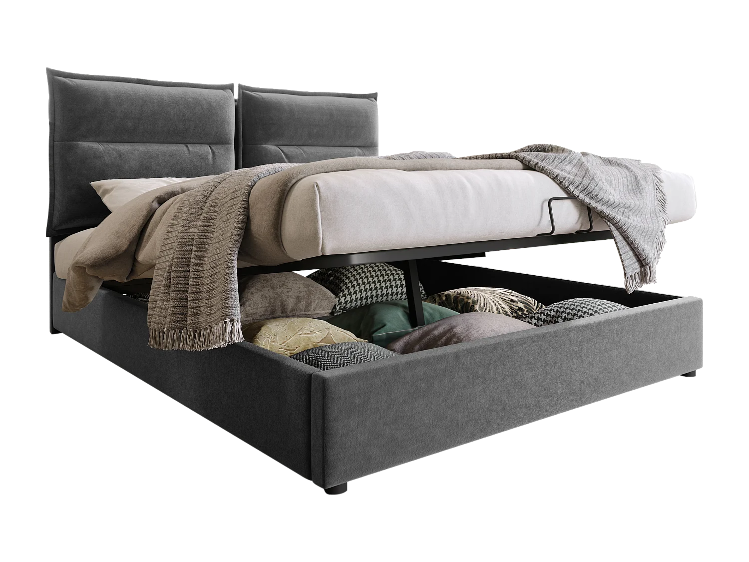 Lit coffre 140x200 cm - Tête de lit réglable - velours gris - matelas inclus