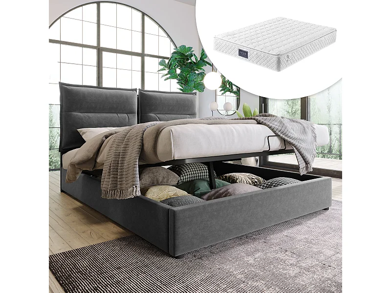 Opbergbed 140x200 cm - Verstelbaar hoofdeinde - Grijs fluweel - Inclusief matras