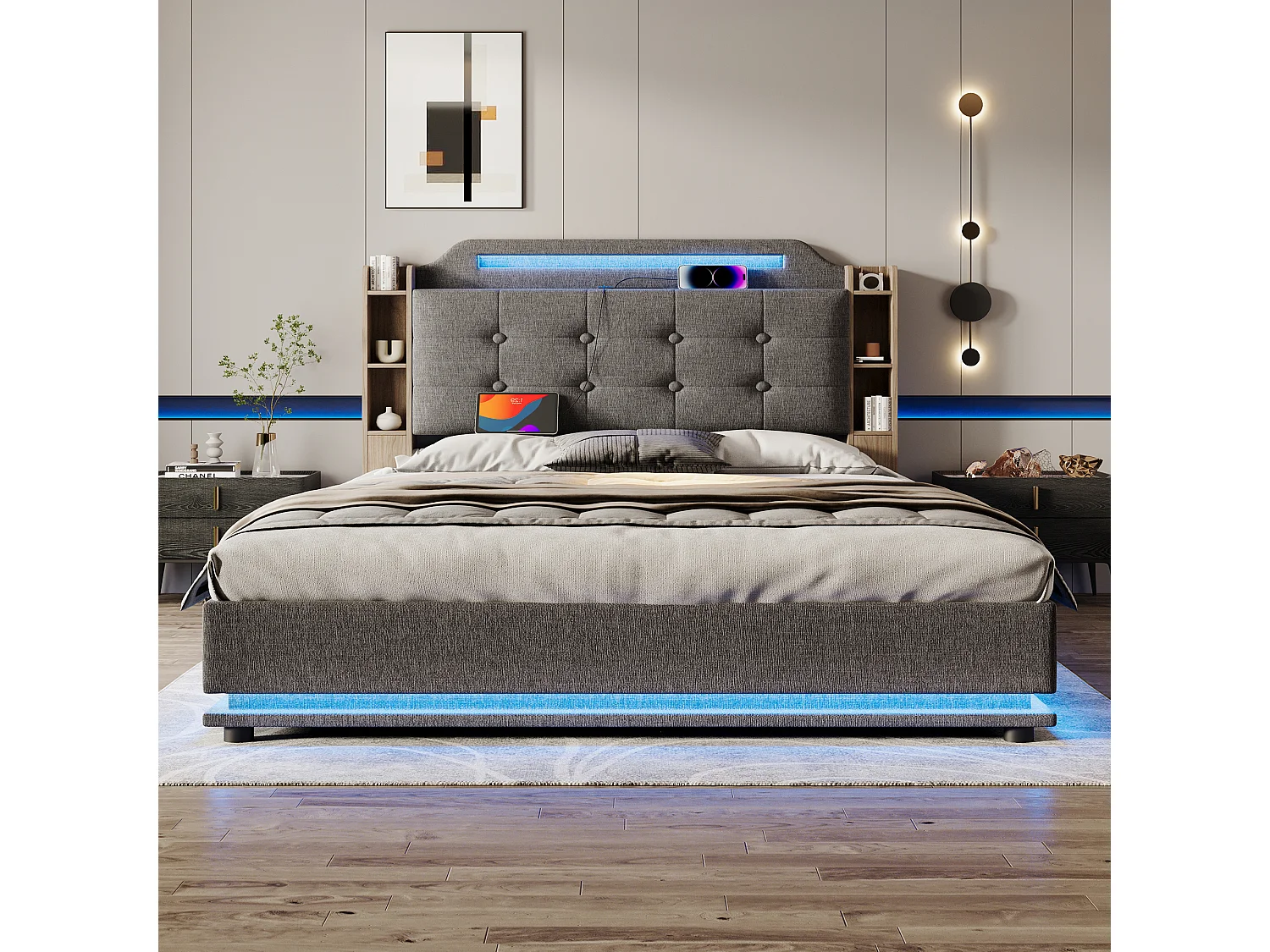 Opbergbed 140 x 200 cm - Volwassen bed met LED-verlichting en opbergvakken - Grijs linnen - Matras niet inbegrepen