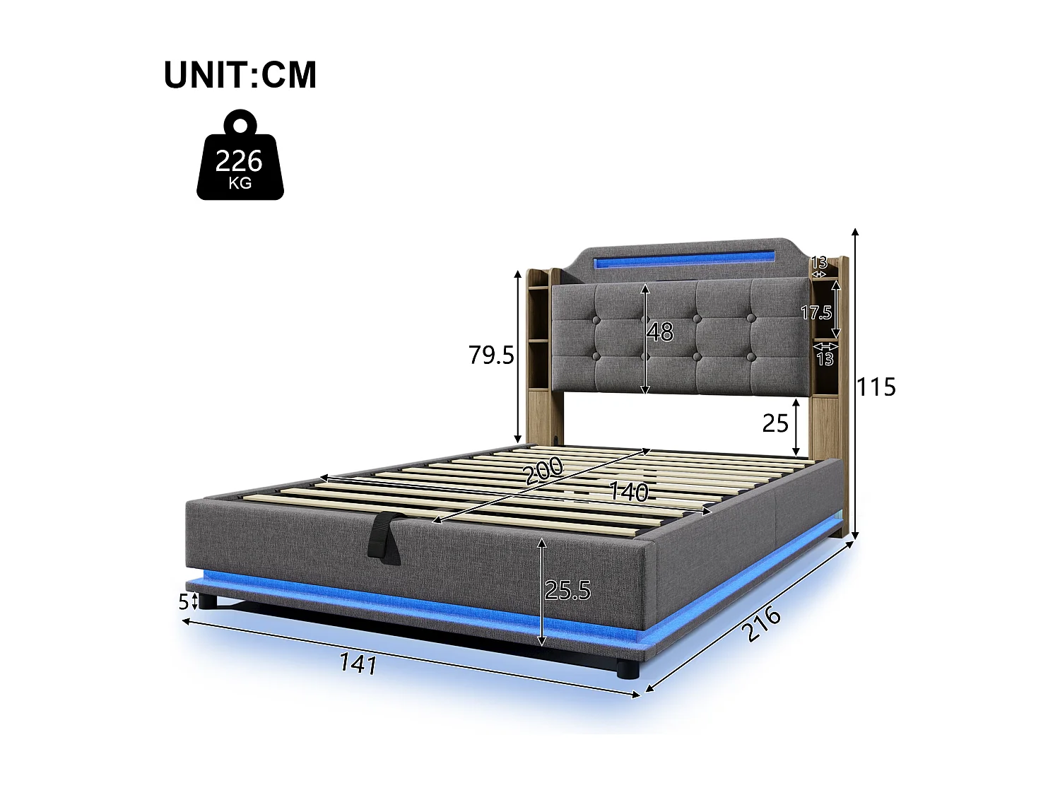 Opbergbed 140 x 200 cm - Volwassen bed met LED-verlichting en opbergvakken - Grijs linnen - Matras niet inbegrepen