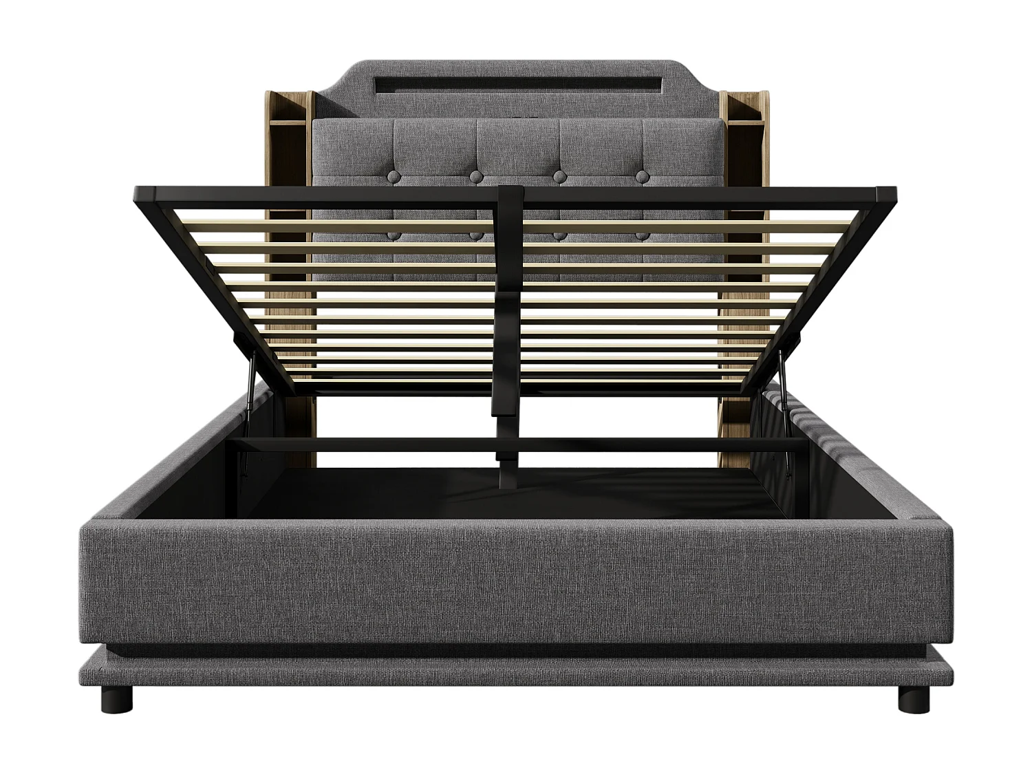 Opbergbed 140 x 200 cm - Volwassen bed met LED-verlichting en opbergvakken - Grijs linnen - Matras niet inbegrepen