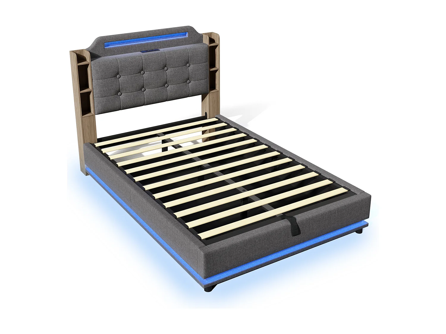 Opbergbed 140 x 200 cm - Volwassen bed met LED-verlichting en opbergvakken - Grijs linnen - Matras niet inbegrepen