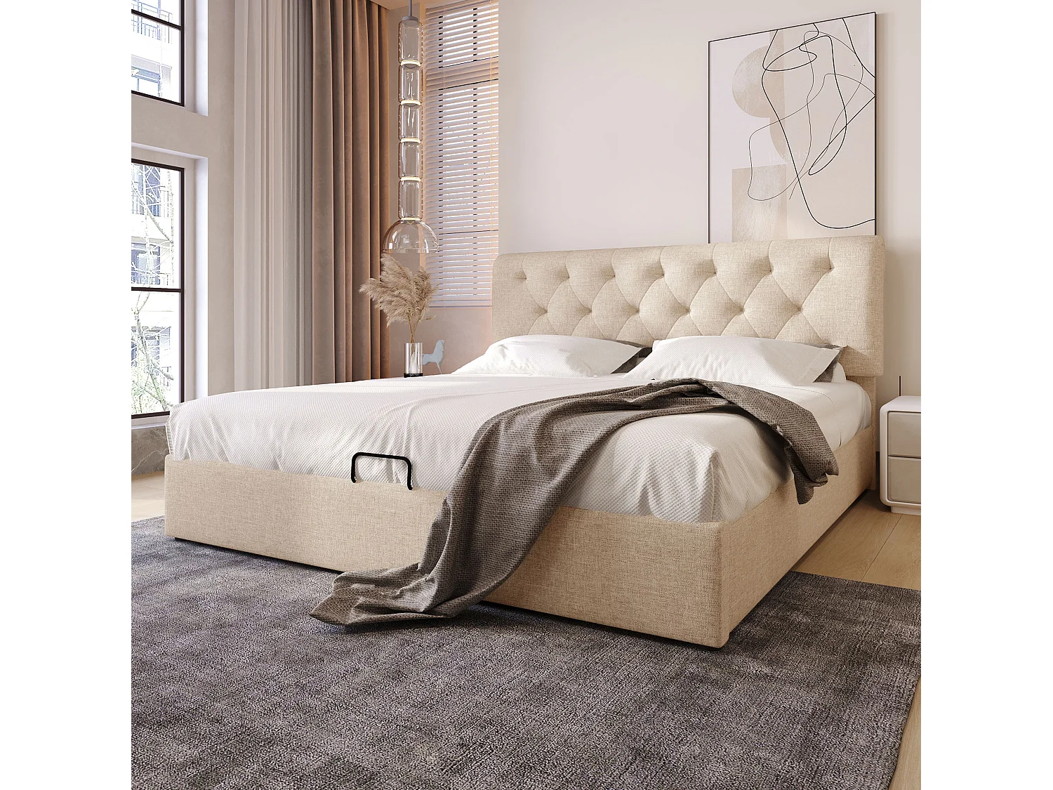 Lit coffre 160x200 cm - Lit double avec tête de lit réglable - bois naturel - matelas inclus