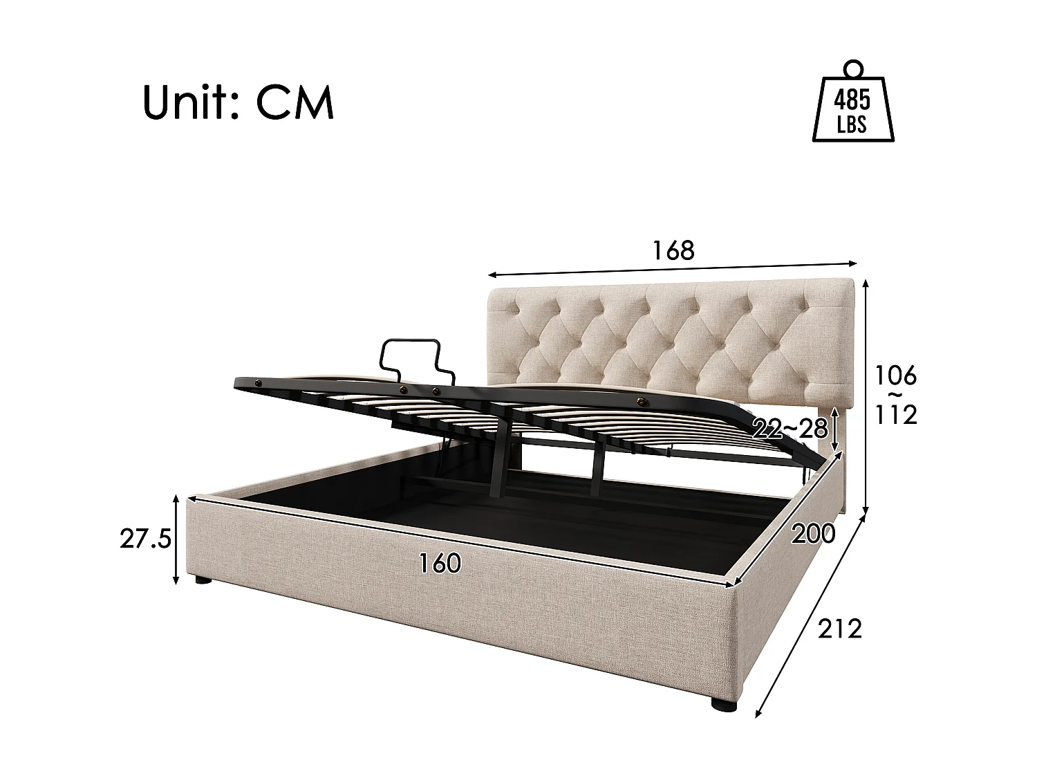 Lit coffre 160x200 cm - Lit double avec tête de lit réglable - bois naturel - matelas inclus