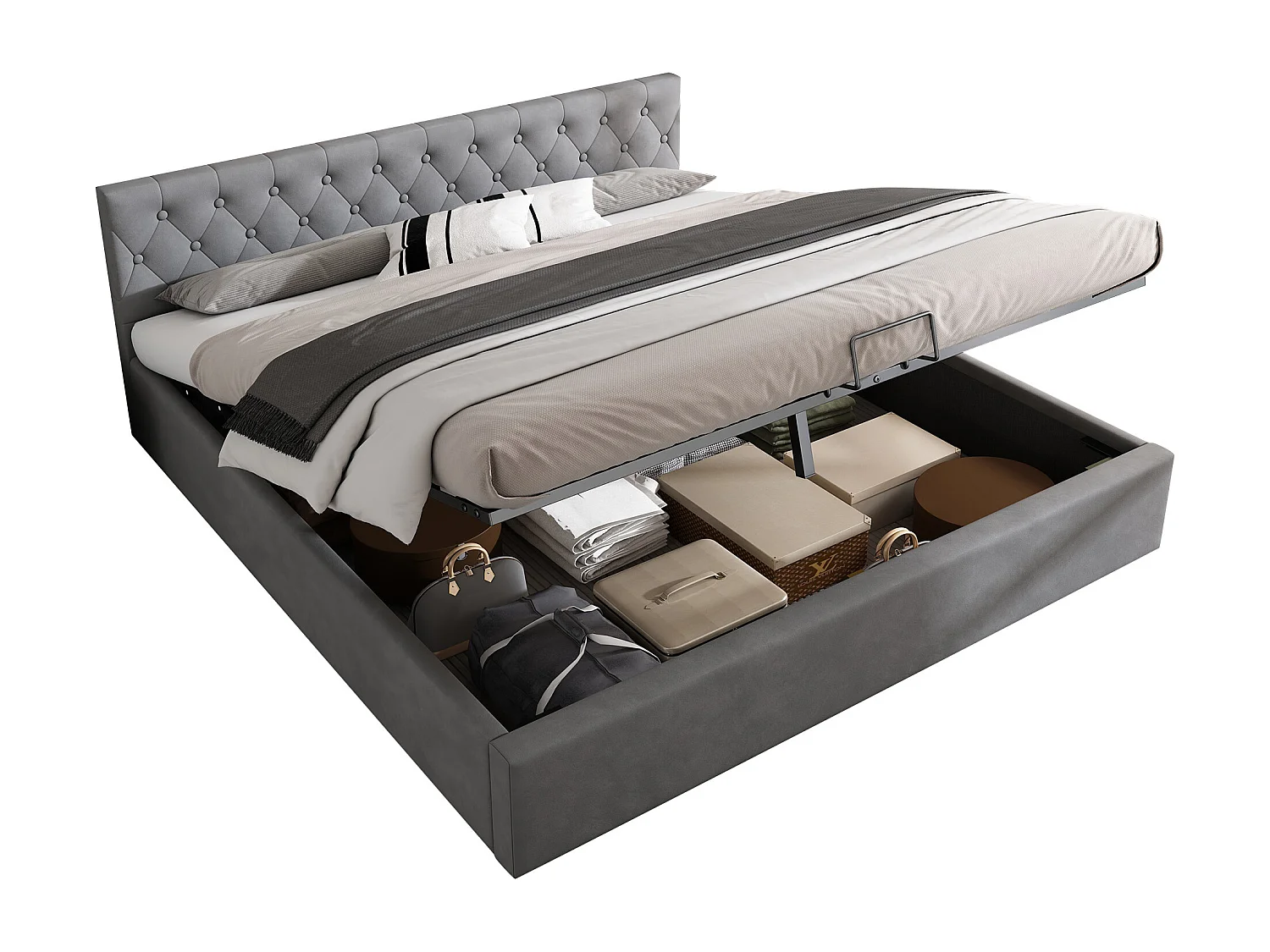 Cama doble con almacenaje de 180x200 cm - Cabecero tapizado - terciopelo gris - colchón no incluido