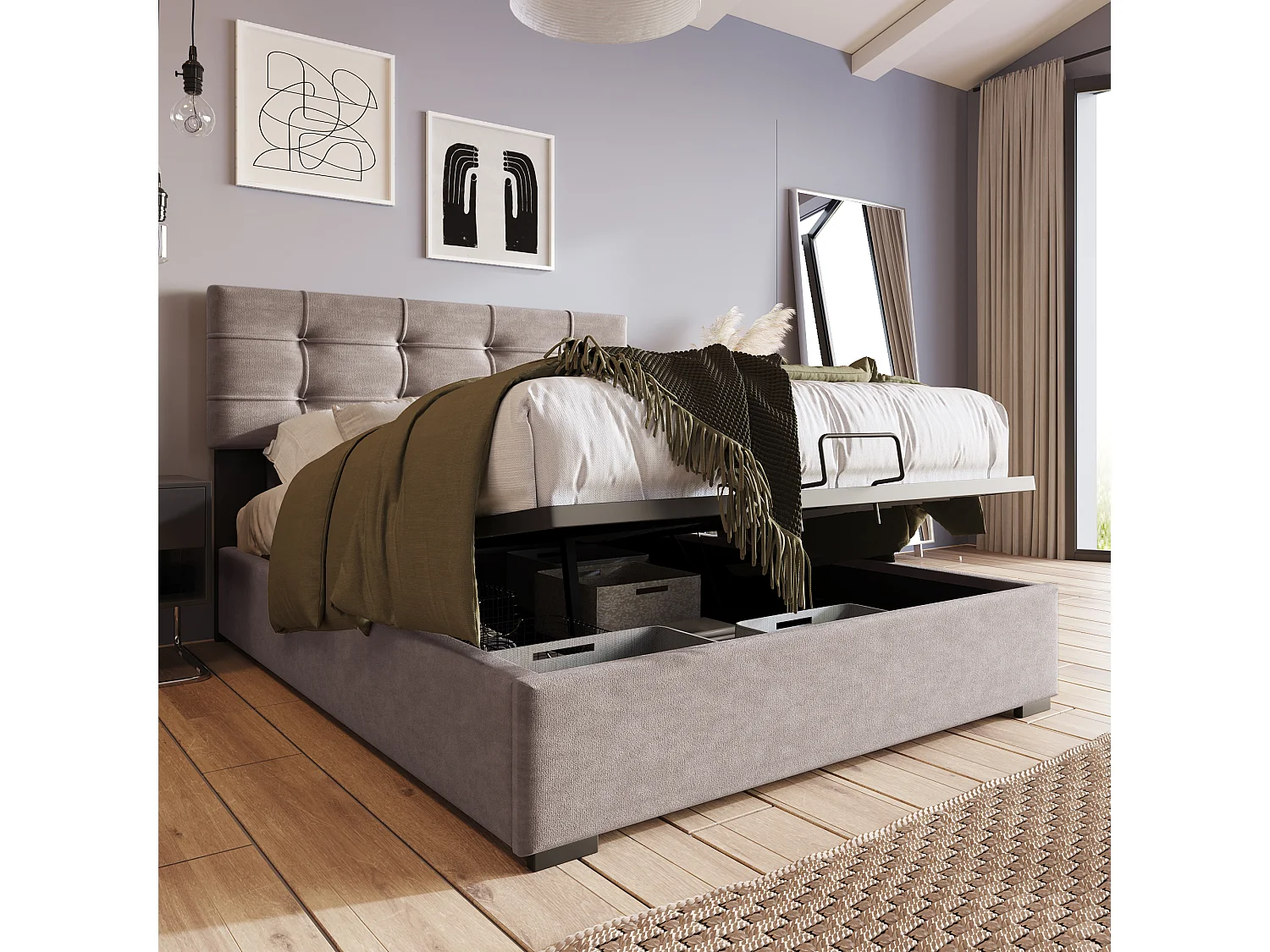 Łóżko 90x200cm z pojemnikiem na pościel - regulowany zagłówek - jasnoszary aksamit - materac w komplecie