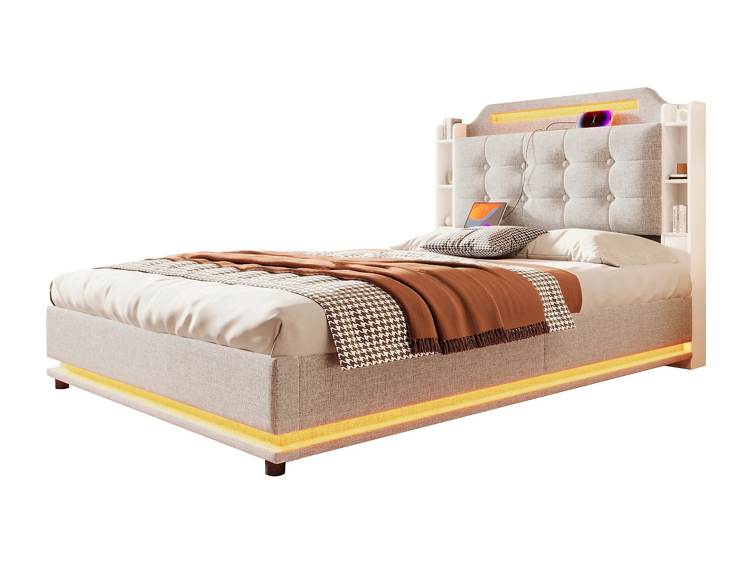 Łóżko z pojemnikiem 140 x 200 cm - Łóżko dla dorosłych z oświetleniem LED i schowkami - Pościel beżowa - Materac nie jest wliczony w cenę