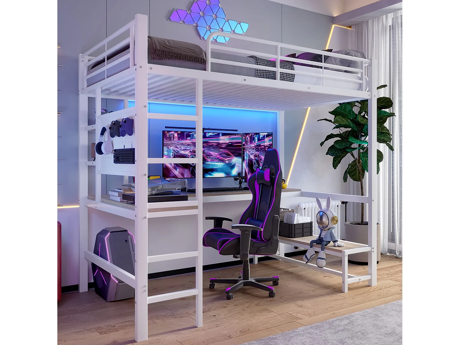 Lit mezzanine 90 x 200 cm - Lit simple avec bureau et éclairage LED - blanc - matelas non inclus