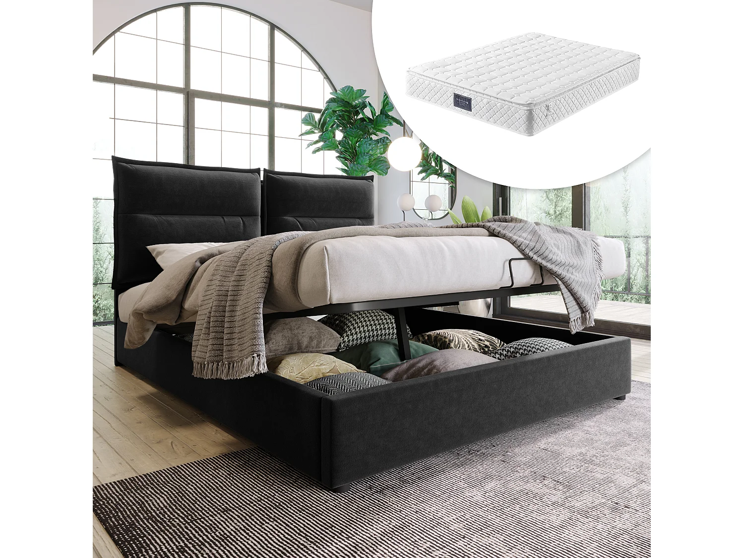 Cama com arrumação 140x200 cm - Cabeceira ajustável - Veludo preto - Colchão incluído