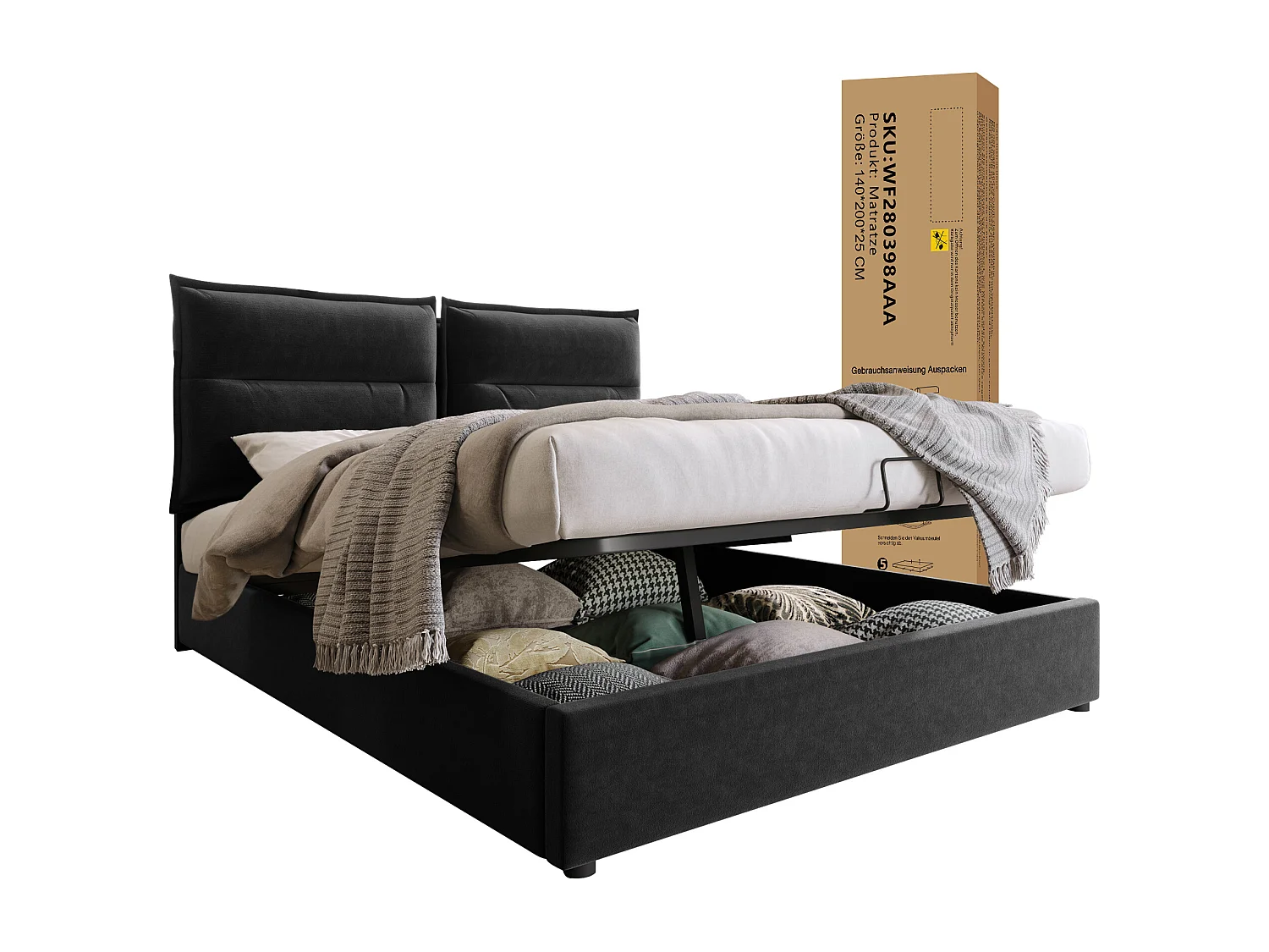 Cama com arrumação 140x200 cm - Cabeceira ajustável - Veludo preto - Colchão incluído