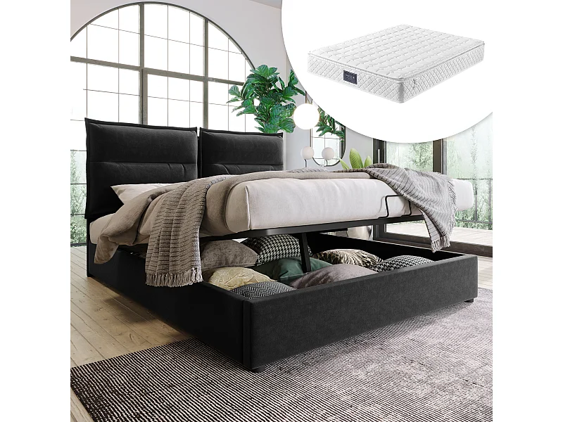 Cama com arrumação 140x200 cm - Cabeceira ajustável - Veludo preto - Colchão incluído