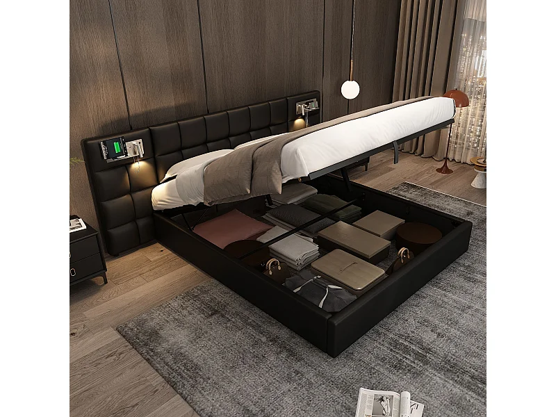 Letto contenitore 180x200 cm - con testiera, USB, rete a doghe - nero - senza materasso