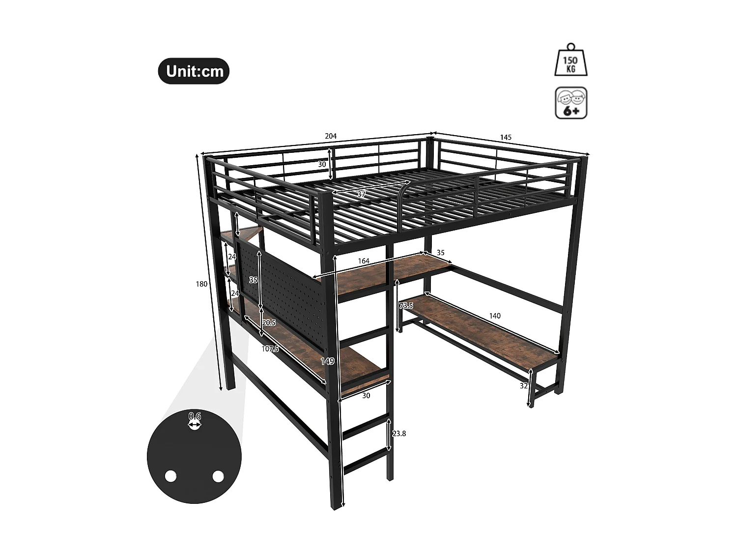 Lit mezzanine 140 x 200 cm - Lit double avec bureau et éclairage LED - noir - matelas non inclus