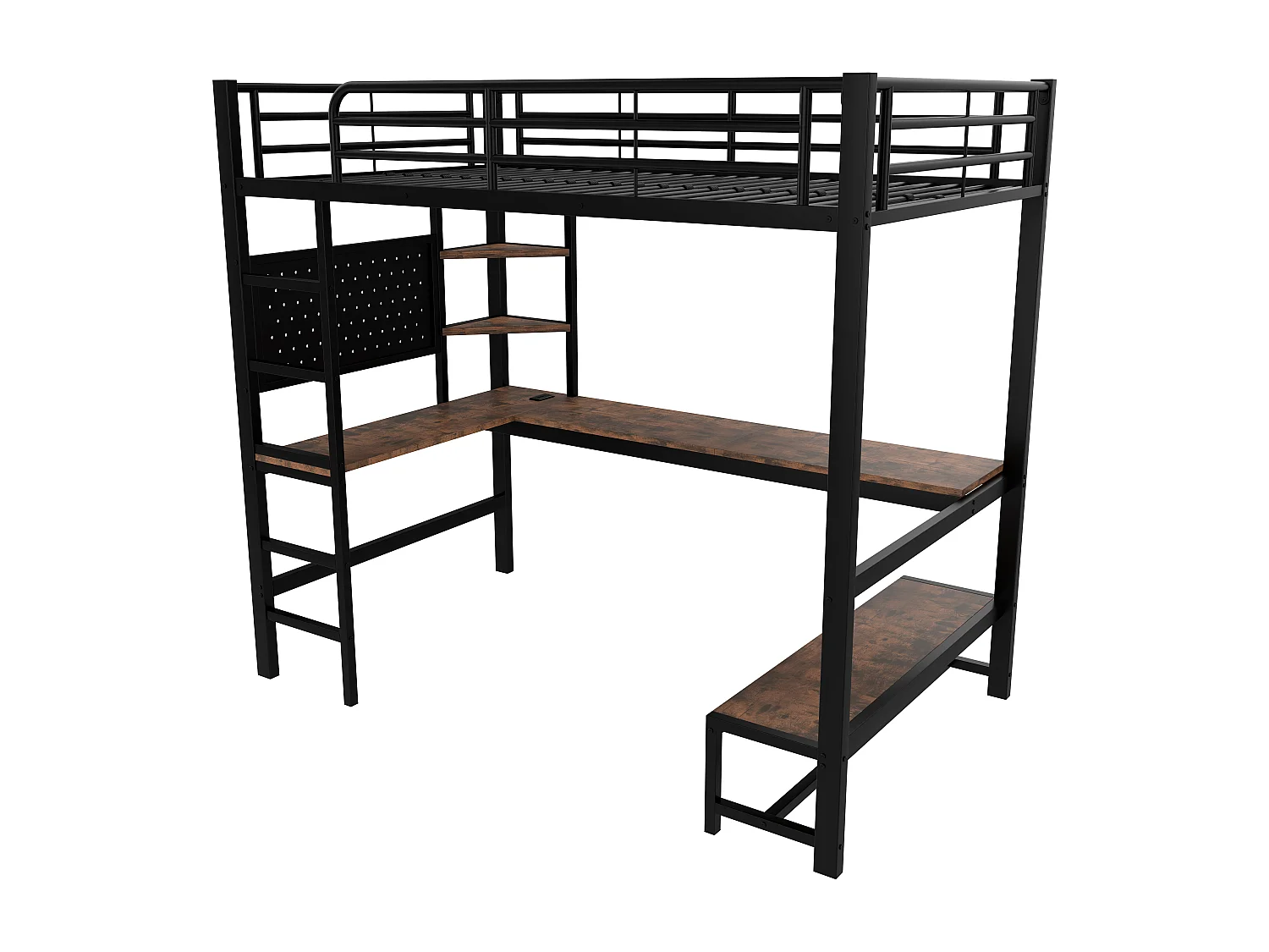 Lit mezzanine 140 x 200 cm - Lit double avec bureau et éclairage LED - noir - matelas non inclus