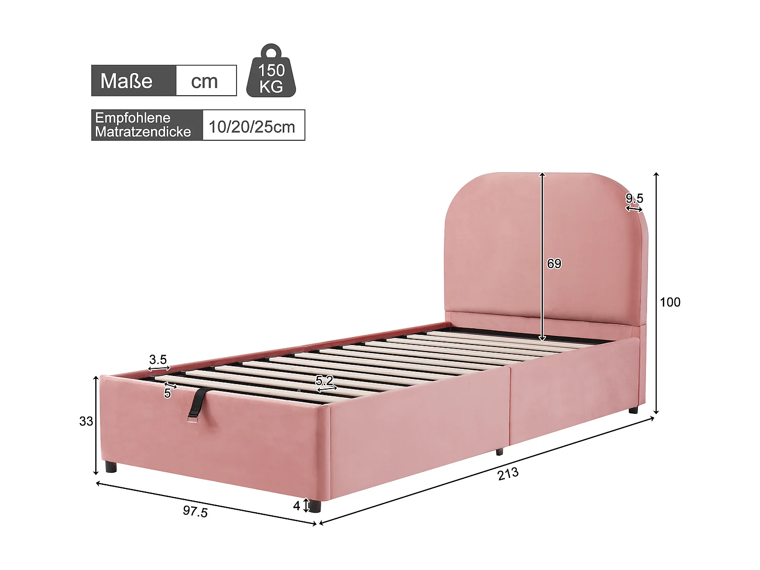 Opbergbed 90 x 200 cm - kinderbed met afgerond hoofdeinde - roze fluweel
