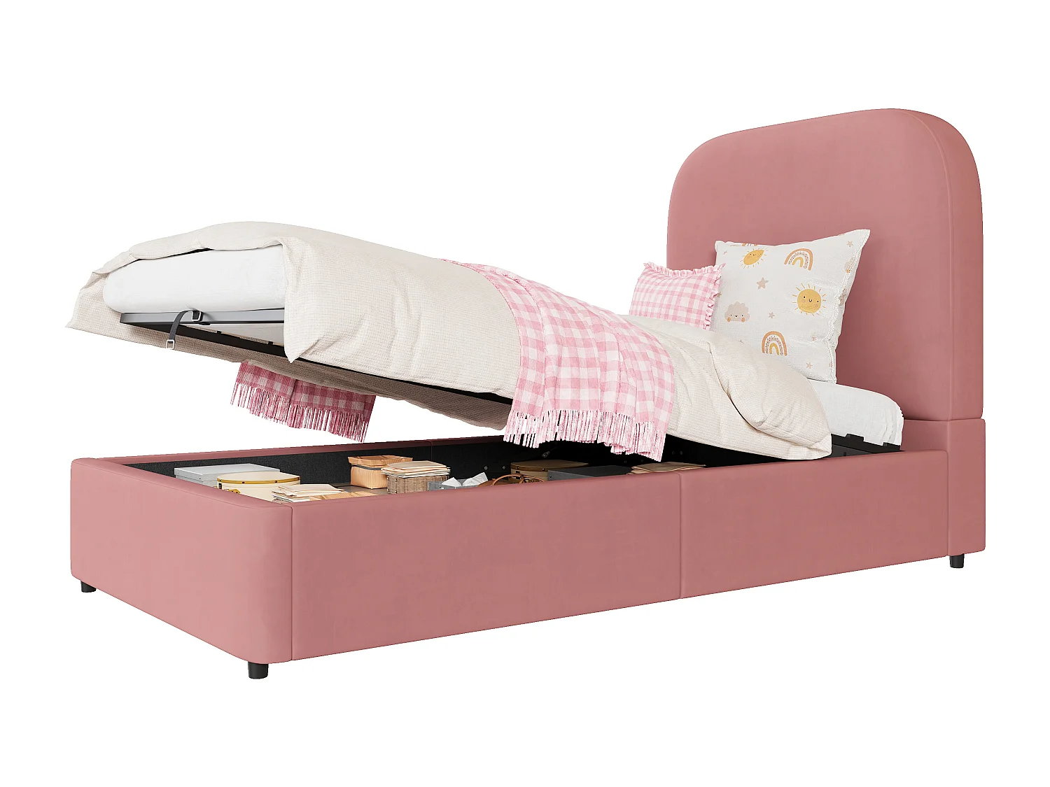 Opbergbed 90 x 200 cm - kinderbed met afgerond hoofdeinde - roze fluweel