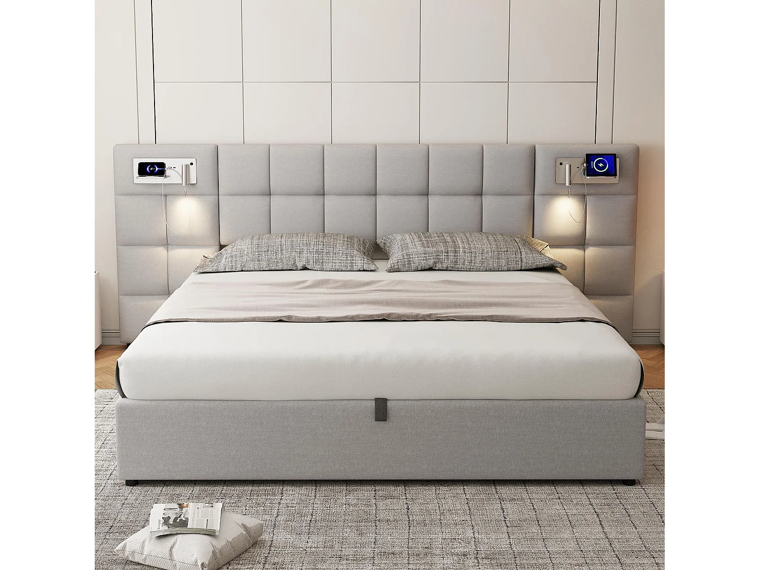 lit coffre 180 x 200 cm - avec tête de lit, USB, sommier à lattes - en lin - gris - sans matelas